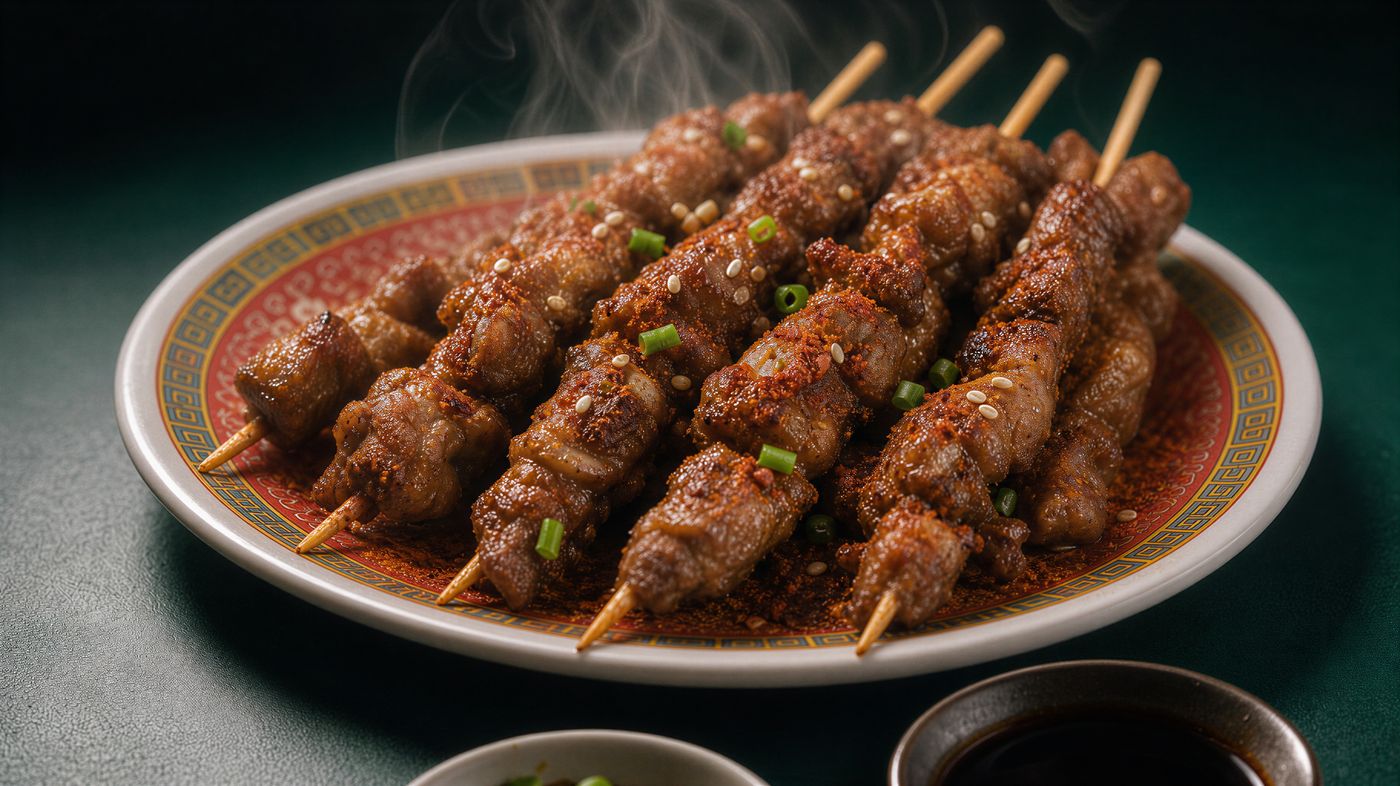 Beef Skewers grilled with aromatic spices, garnished with sesame and spring onion