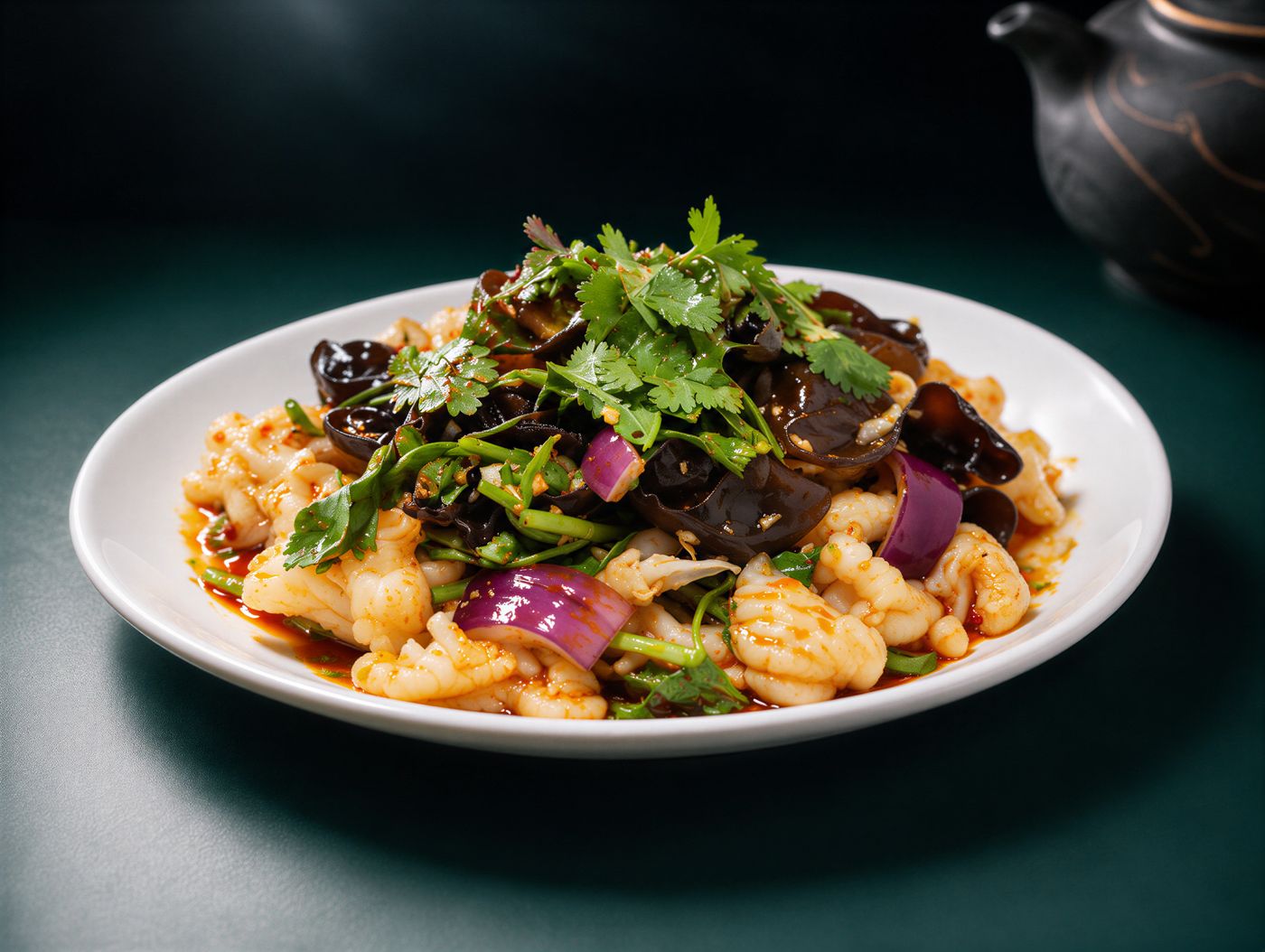Boneless Chicken Feet in Tangy Chilli Dressing, garnished with coriander