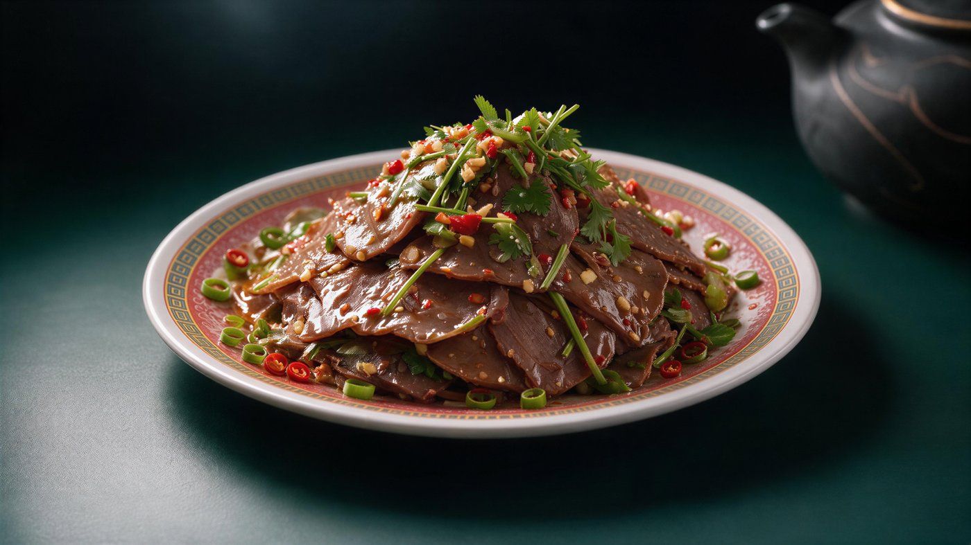 Chilled Beef with Garlic Dressing: sliced beef dressed with garlic, chilli and coriander