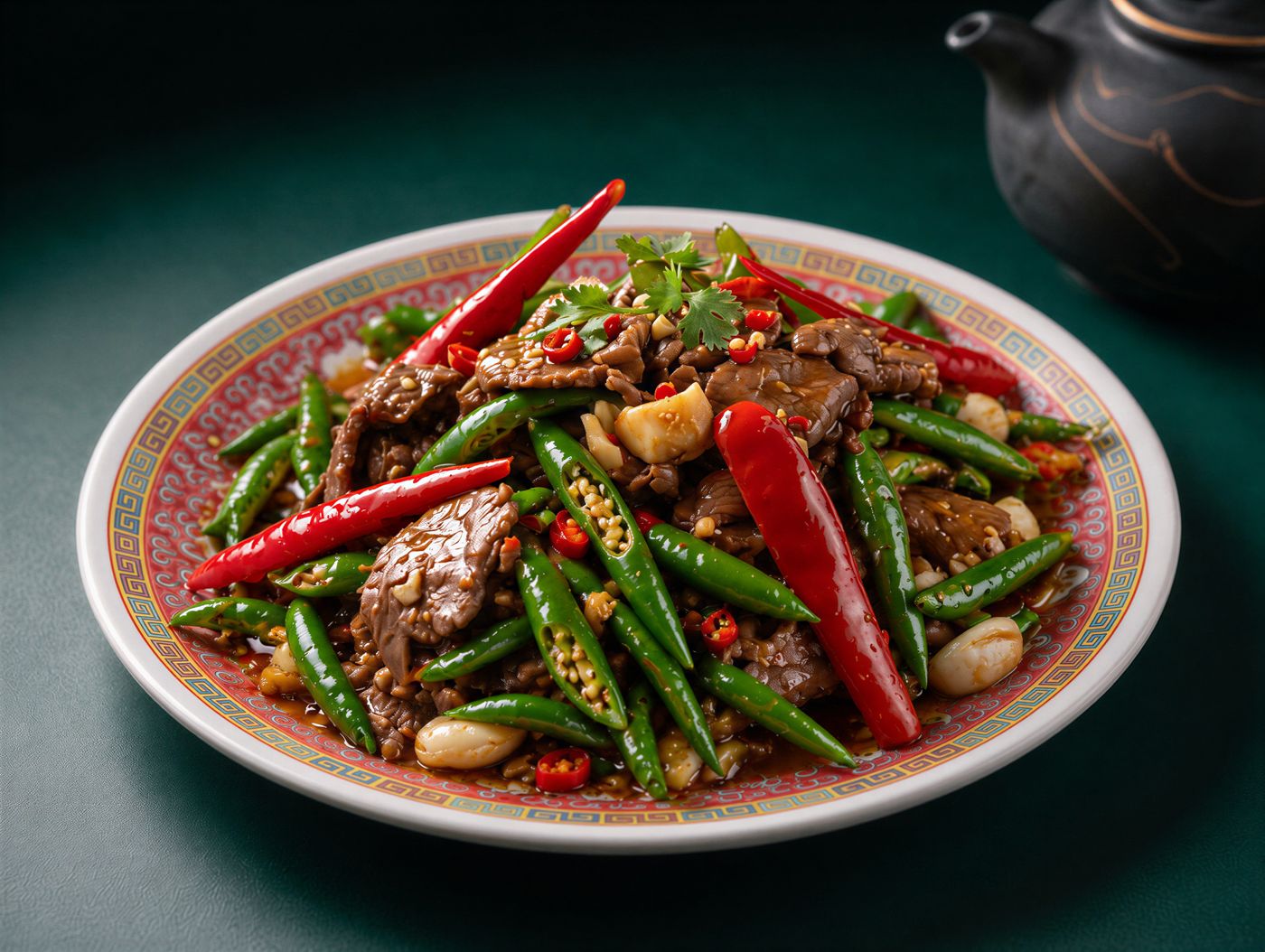 Green Chilli Stir-Fried Beef: tender beef slices wok-fried with green chillies and garlic