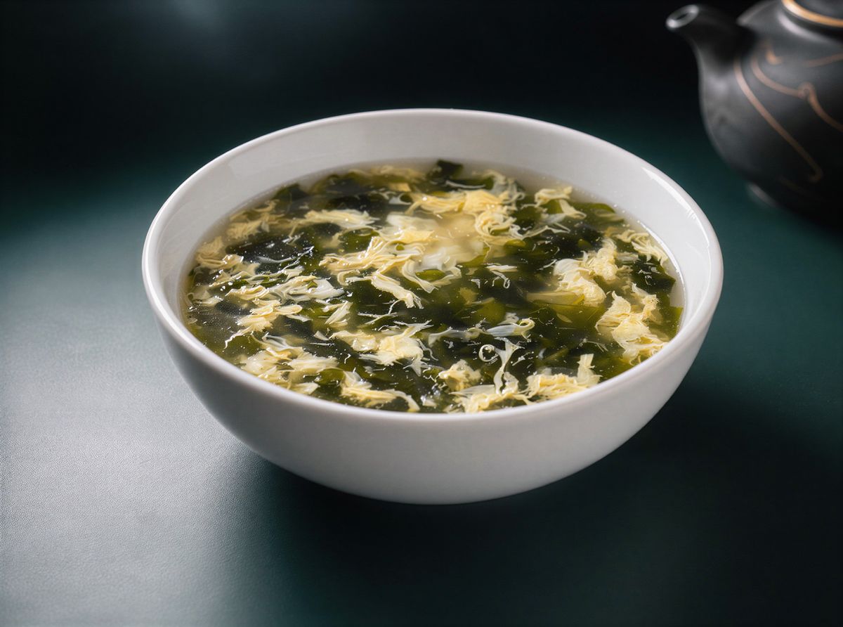 Seaweed & Egg Drop Soup: clear broth with seaweed and ribbons of egg