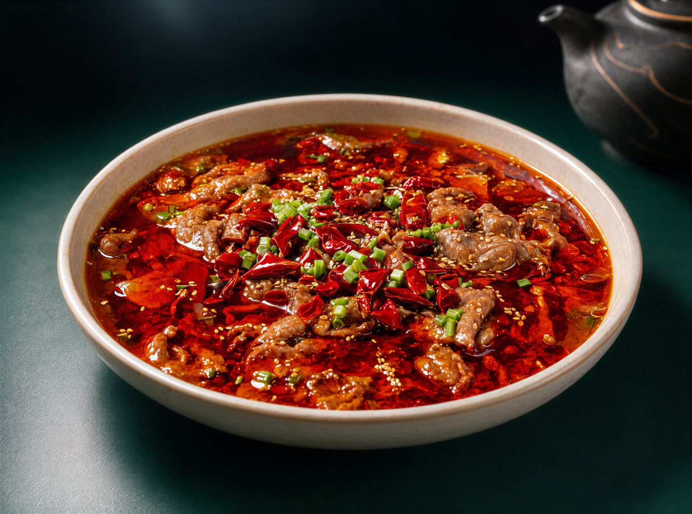 Sichuan Chilli-Poached Beef: beef slices in a rich red chilli broth with dried chillies, sesame and spring onions