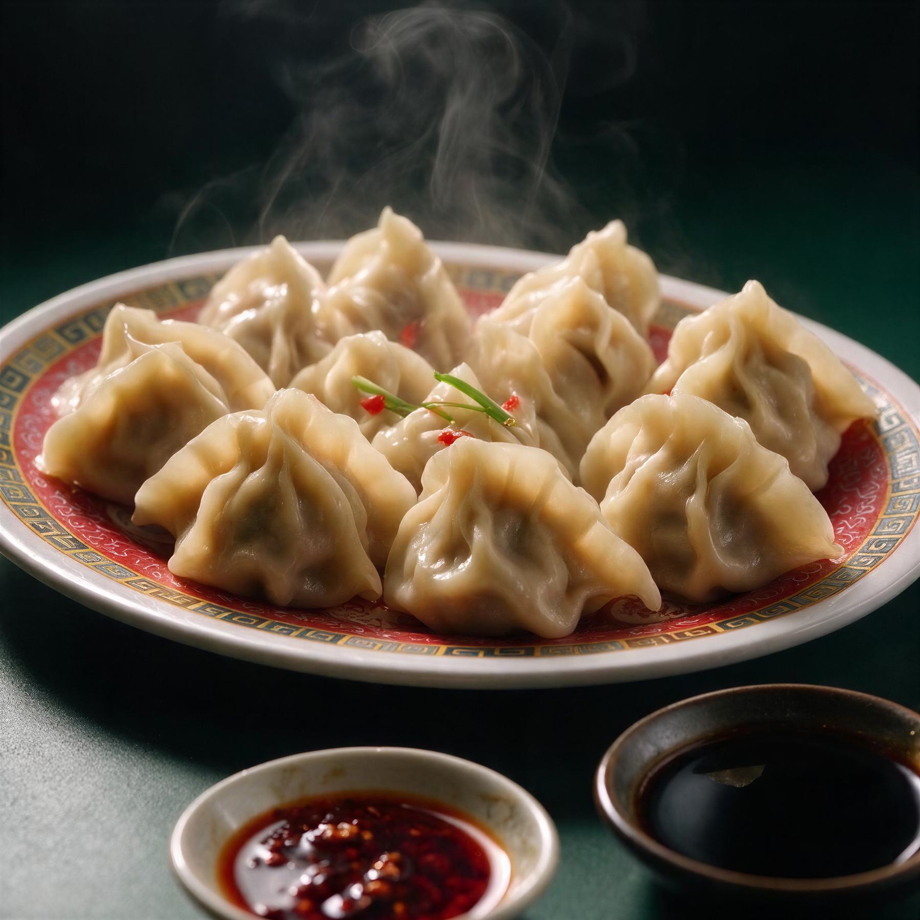 A plate of steamed dumplings with rising steam, chilli oil and black vinegar