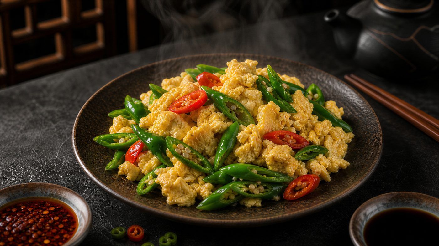 Green Chilli Stir-Fried Eggs: fluffy scrambled eggs wok-tossed with green chillies