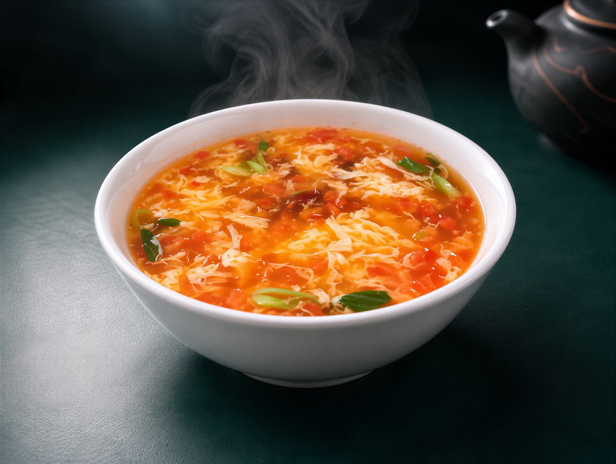 Tomato & Egg Drop Soup: tomato broth with ribbons of egg and spring onion